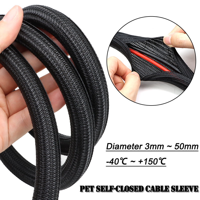 Cable Sleeve Neoprene - 2/10m Black PET Braided Self-Closing Cable